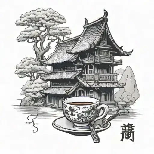 Jalanese House With Small Samurai Drinking Tea Cup