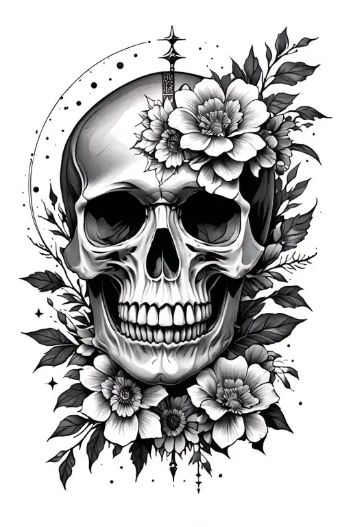 Skull With Flowers And Celestial Themed