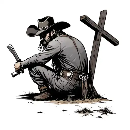 Cowboy Kneeling To A Cross In The Distance Looking
