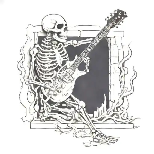 A Skeleton Warrior Playing A Guitar Made Of Bones In A Dungeon Setting