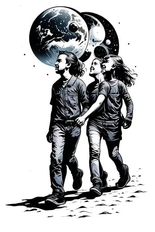 Father And His Son And Daughter Holding Hands Walking In Space