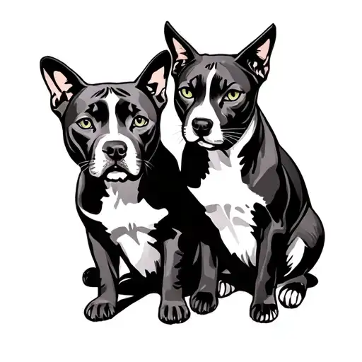 Pitbull Between 2 Cats Sitting