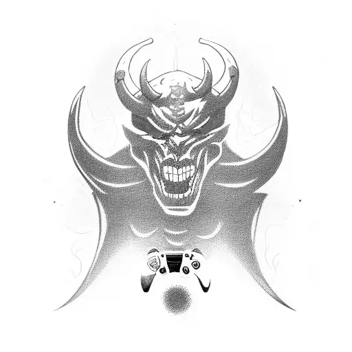A Gangsta Devil Holding A Ps5 Controller With Flames And Horror Symbols