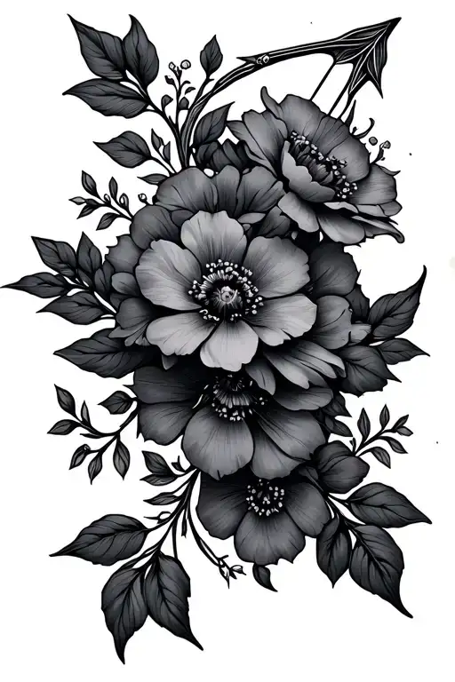Bow And Arrow With Delicate Flowers Intertwined