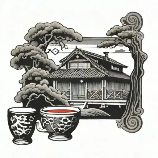 Japanese House With Samurai Drinking Cup Of Tea Cup