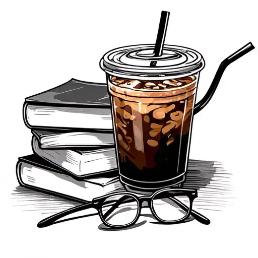 Iced Coffee With Lid And Straw And A Stack Of Books And A Pair Of Glasses