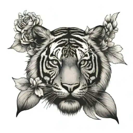 Tiger Head With Flowers Background