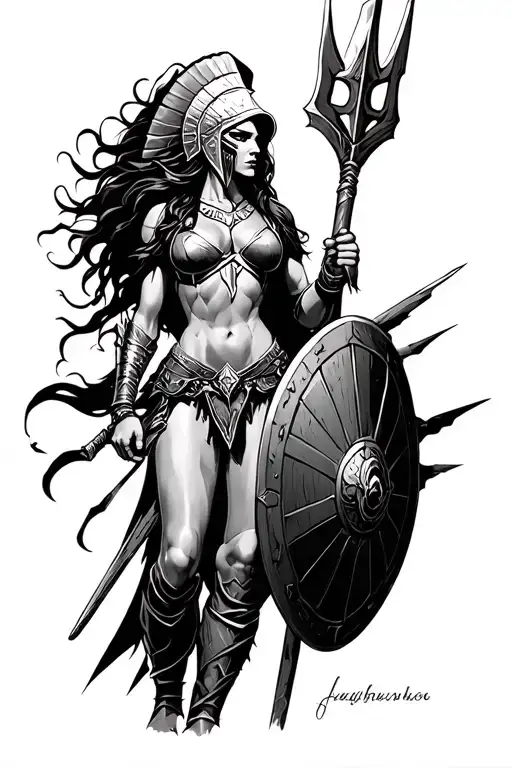 Ares As A Female Spartan With Spear And Shield Adorned
