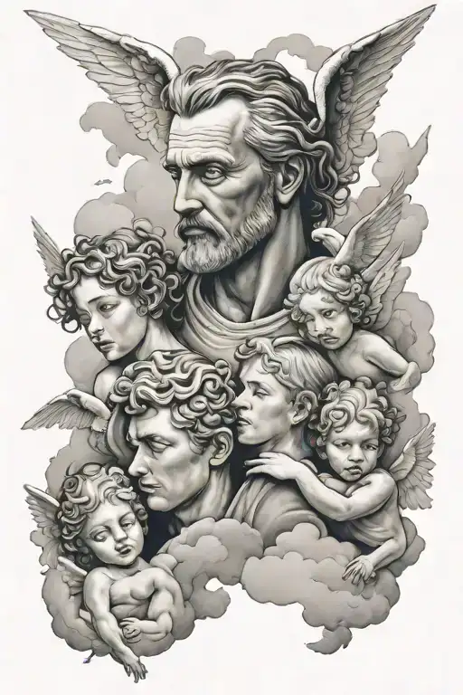 Dad With Angels And Clouds Surrounding