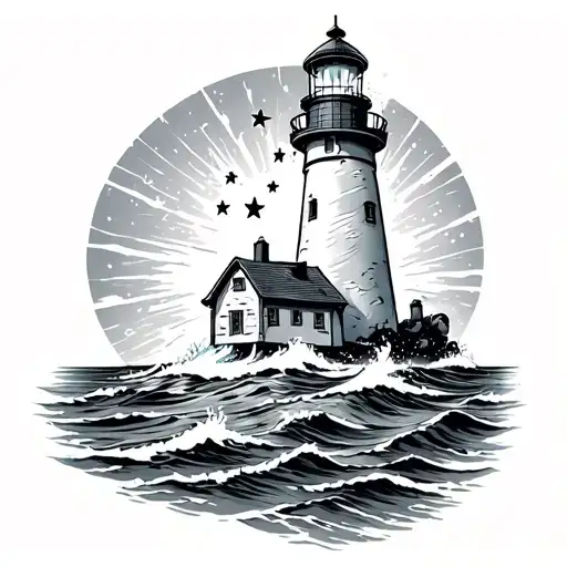 Lighthouse Shining With 7 Stars In The Ocean