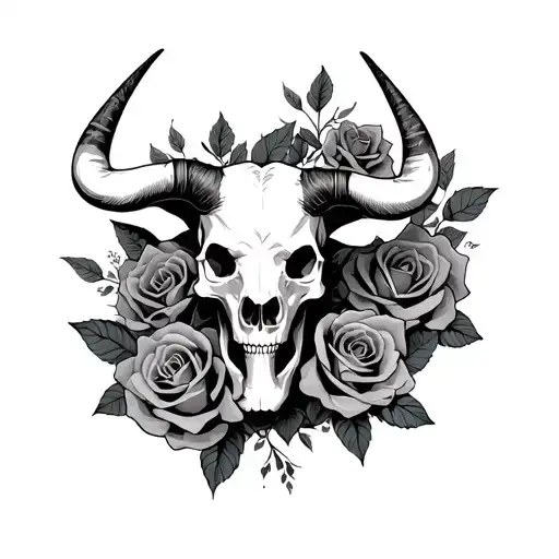 Skulls And Roses Wrapped Around Taurus Zodiac Sign