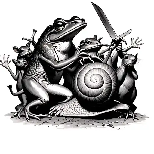 Frog Fighting A Snail With Knife Surrounded By Crowd Of Rats Chanting