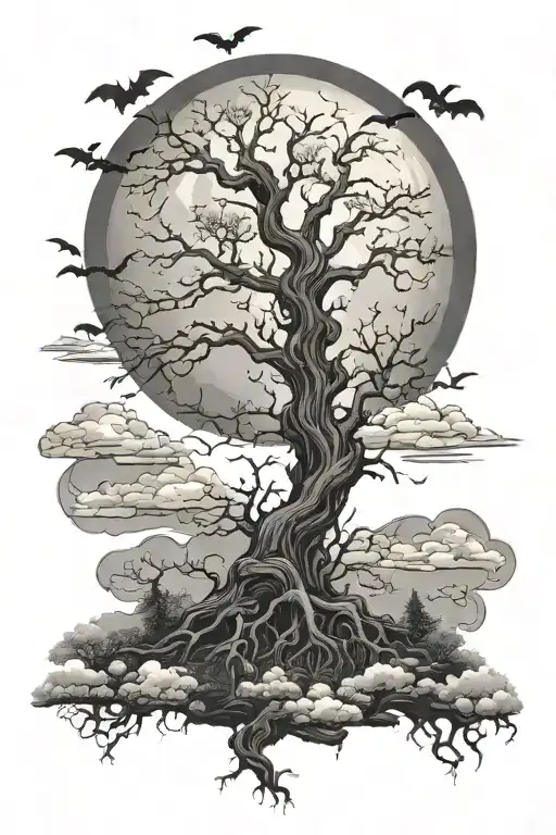 Gothic Lifeless Poison Tree Surrounded By Bats And Clouds With A Moon Above
