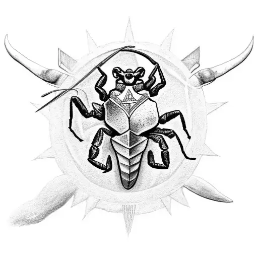 A Realistic Black-grey Tattoo Of A Scorpion Holding The Scouts Emblem Like A Scarab Holds The Sun