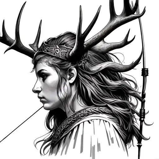 Germanic Female Warrior With Antler Head Profile Holding A Archery Bow