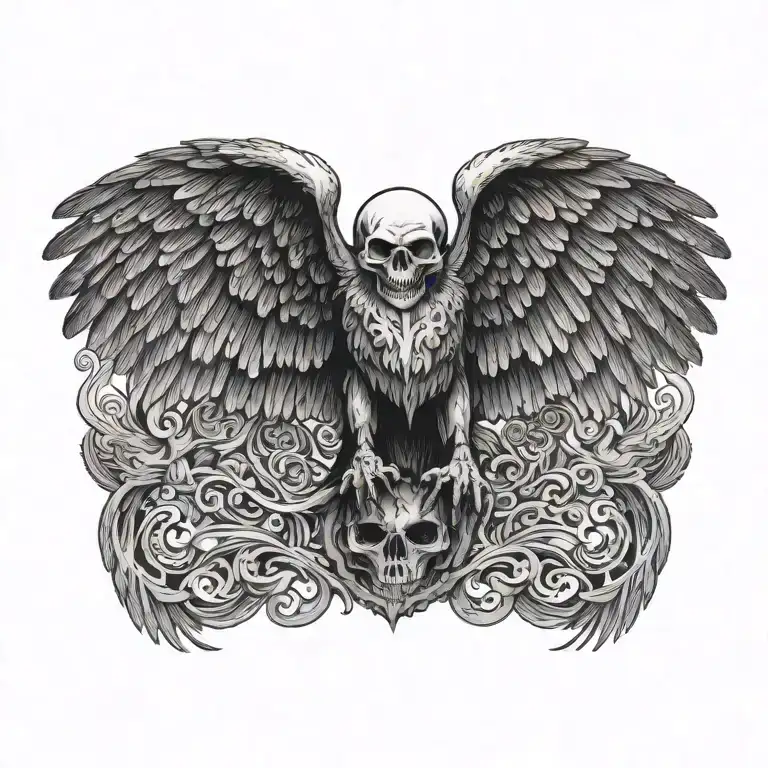 Flying Raven Wings Spread Wide Detailed Skull Carrying