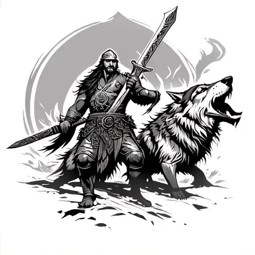 Turkish Warrior With Sword And Wolfs Howling