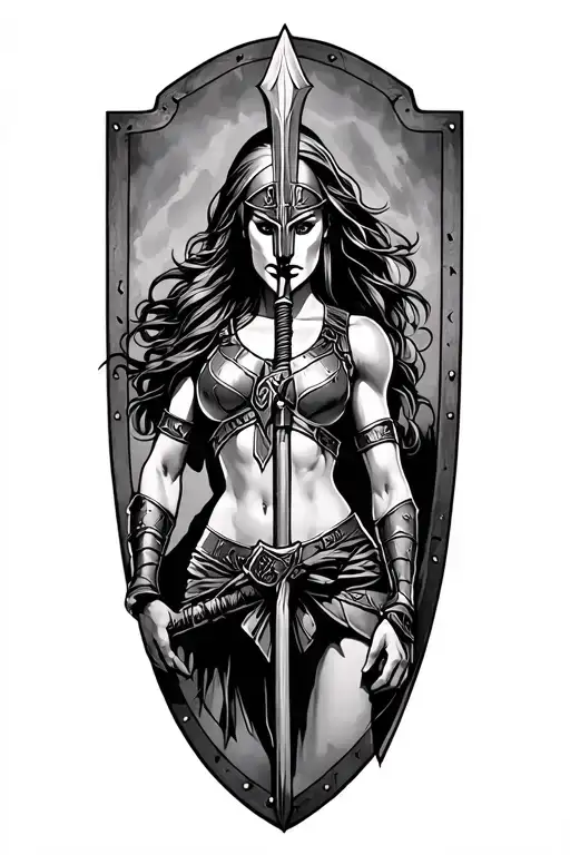 Ares As A Female Spartan With Spear And Shield Adorned