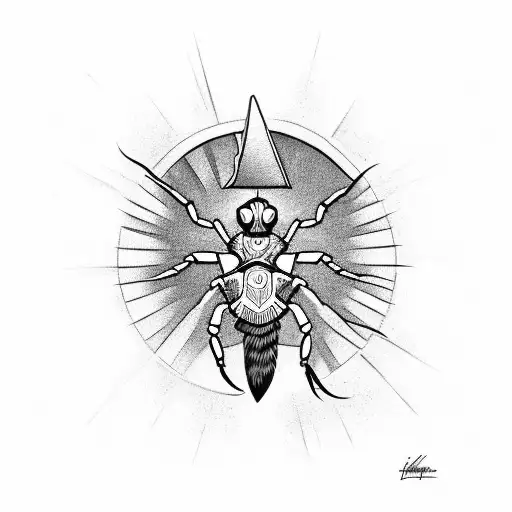 A Black-grey Tattoo Of A Scorpion Holding The Scouting Emblem Like A Scarab Holds The Sun