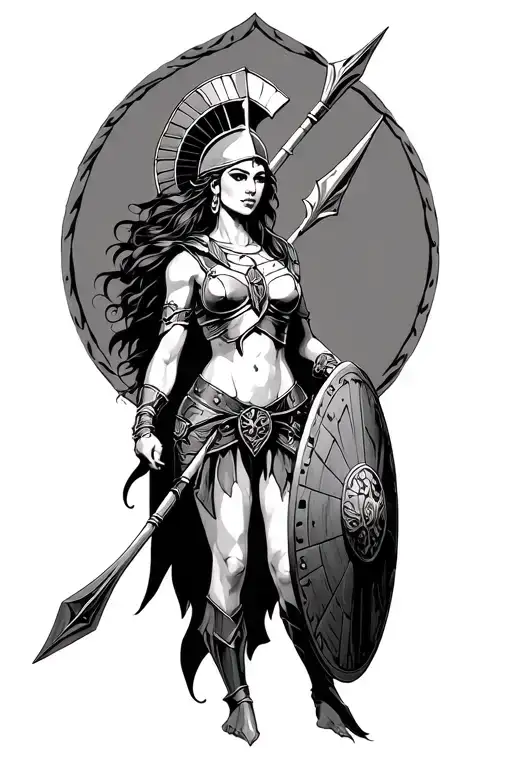 Ares As A Female Spartan With Spear And Shield Adorned