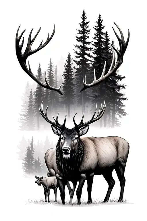 Elk And Deer With Trees Background Looking Through Lens