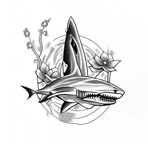 Straight Razor With Shark And Flowers