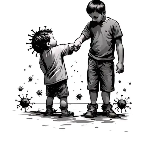 Father And 8 Years Old Boy Holding Hands Winning A Figth A Virus