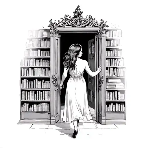 Woman Walking Through Door Into A Story Plot With Bookshelves In The Foreground