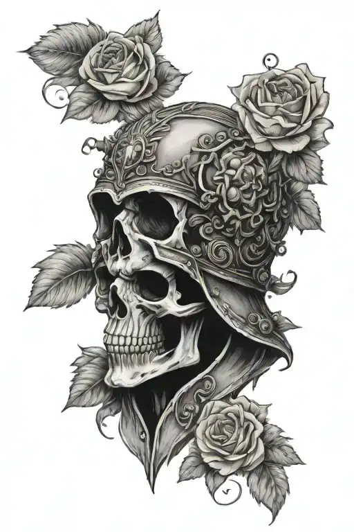 Skull Wearing Theodens Helm Surrounded By Roses