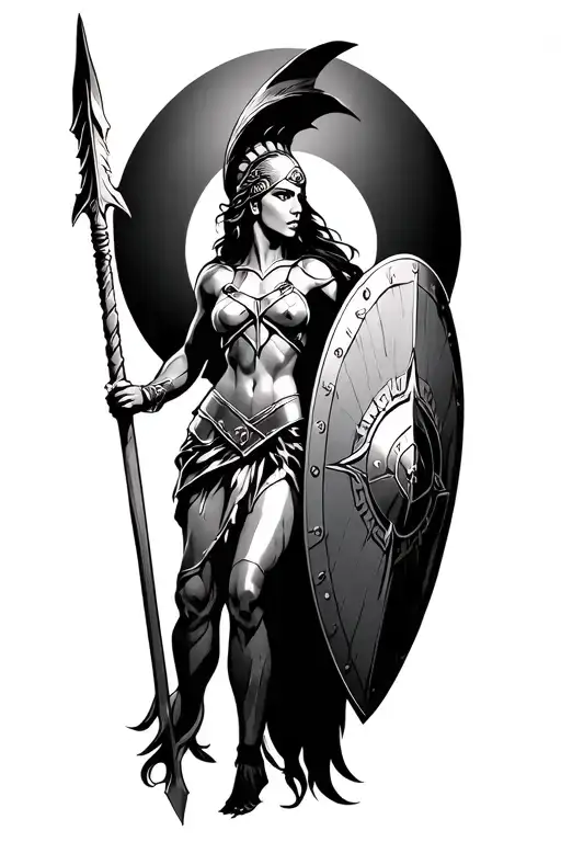 Ares As A Female Spartan With Spear And Shield Adorned