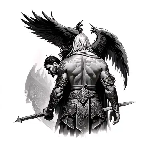 Back Tattoo Of A Warrior Being Welcomed In Valhalla