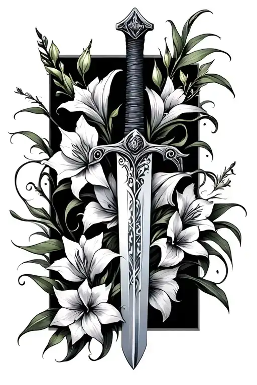 A Sword With Gladiolus Flowers Wrapping Around With Fantasy Elements Included