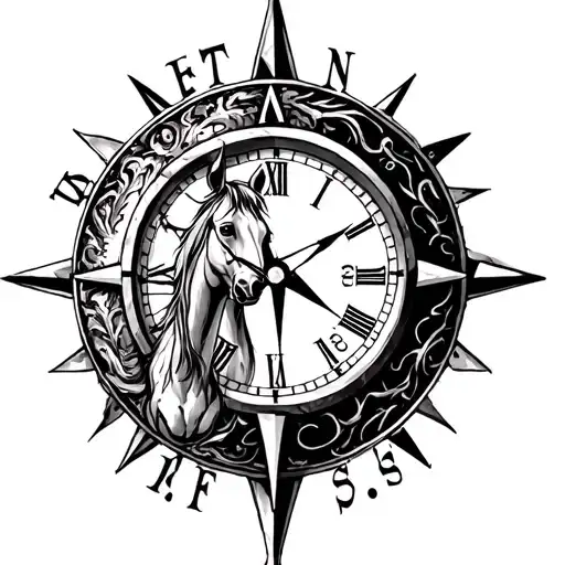 Horse Clock And Compass Rose Surrounded