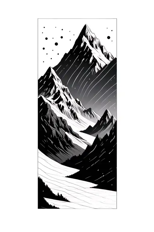Black And White Mountains With Thin Lines And Circles