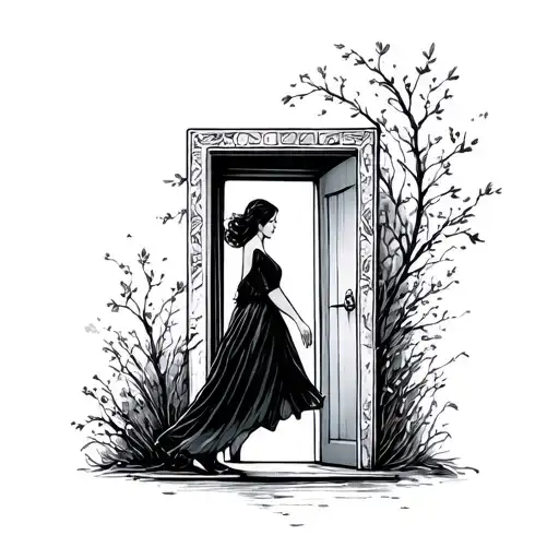 Woman Walking Through Door Into A Story Plot