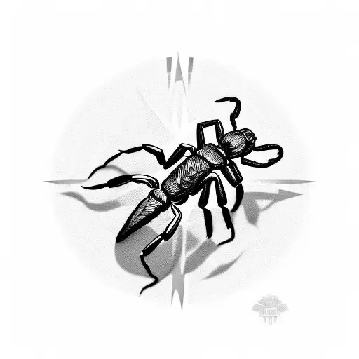 A Realistic Black-grey Tattoo Of A Scorpion Crawling On A Scout's Compass