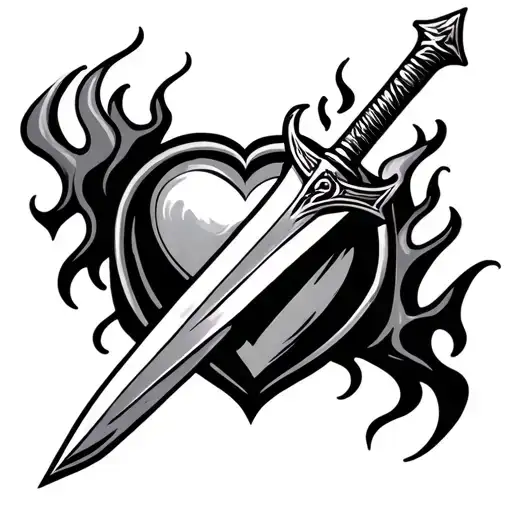 A Dagger With Heart And Flames Around It