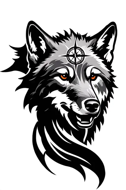Wolf With Mountains And Compass Rose Intertwined