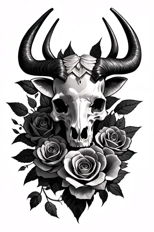 Skulls And Roses Wrapped Around Taurus Zodiac Sign
