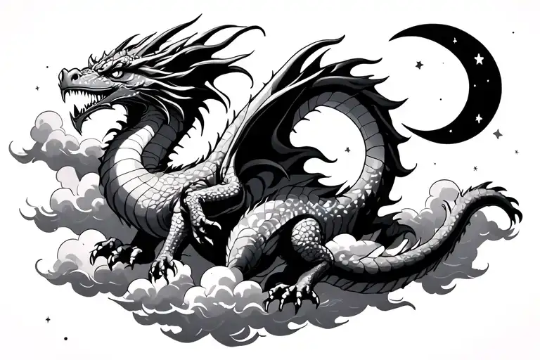 Dragon Emerging From Whisps Of Clouds In A Starry Sky With A Crescent Moon