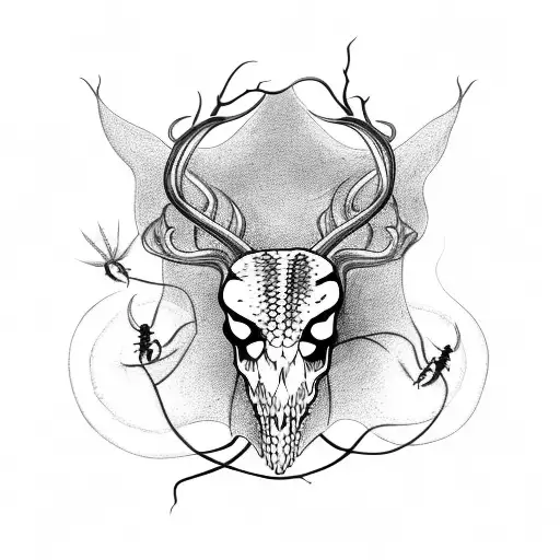 Snake With Deer Skull And Spider Webs And Vines And Moth