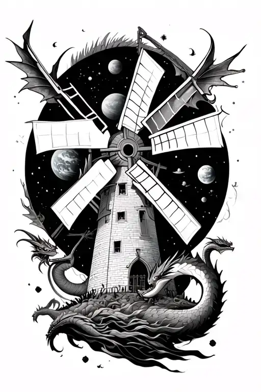 Windmill With Dragons And Space Surrounded