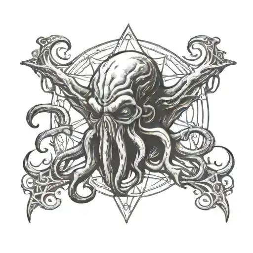 Sketch Of A Cthulhu Head Tattoo Without Wings With A Pentagram In The Background