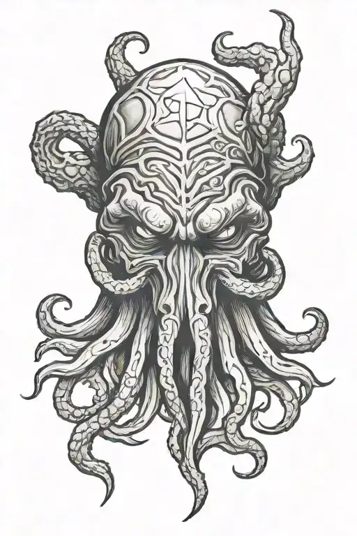 Sketch Of A Cthulhu Head Tattoo Without Wings With A Pentagram In The Background