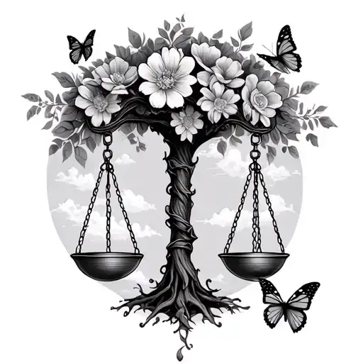 Justice Scales Thats Looks Like A Tree With Flowers And Butterflies