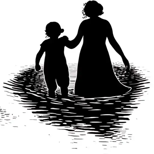 One Line Will Silhouette Formed By A Picture Of Grandmother And Child Walking Into The Water