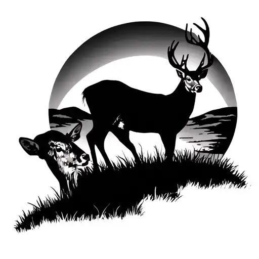 Buck In Front Of Doe In Mid Ground With Hills In Texas Hill Country