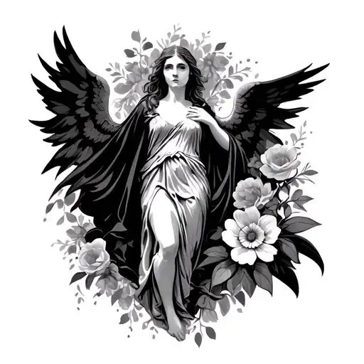 An Angel With A Black Cape With Flowers Around