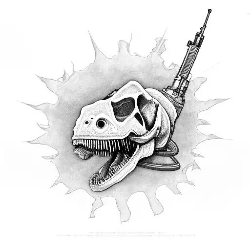 Newborn Dinosaur Skull Next To Two Machine Guns And A Mortar