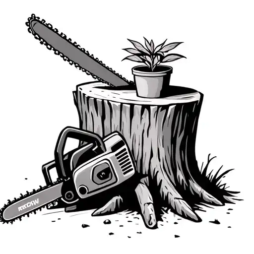 Chain Saw Leaning Next To A Tree Stump With A Plant Pot On Top Of The Stump